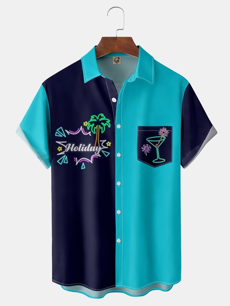 

Coconut Tree Chest Pocket Short Sleeve Hawaiian Shirt, Purplish blue, Men Shirts