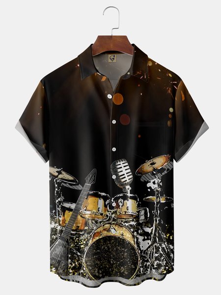 

Drum Set Chest Pocket Short Sleeve Casual Shirt, Black, Men Shirts