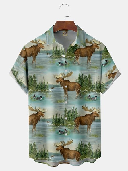 

Animals Chest Pocket Short Sleeve Hawaiian Shirt, Green, Men Shirts