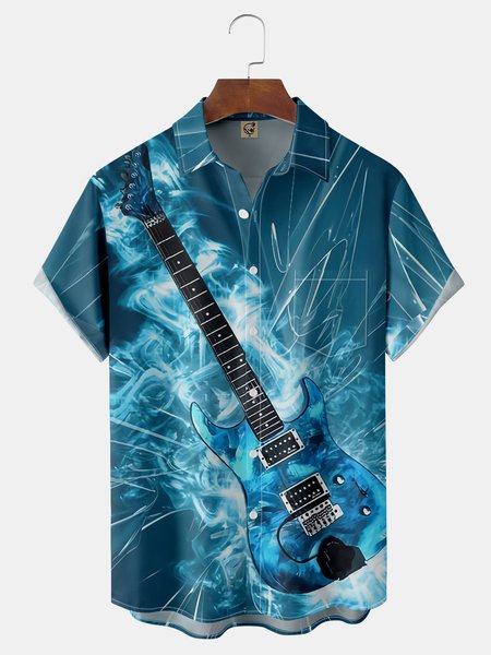 

Guitar Chest Pocket Short Sleeve Casual Shirt, Blue, Men Shirts