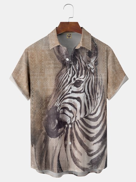 

Zebra Portrait Chest Pocket Short Sleeve Casual Shirt, Khaki, Men Shirts