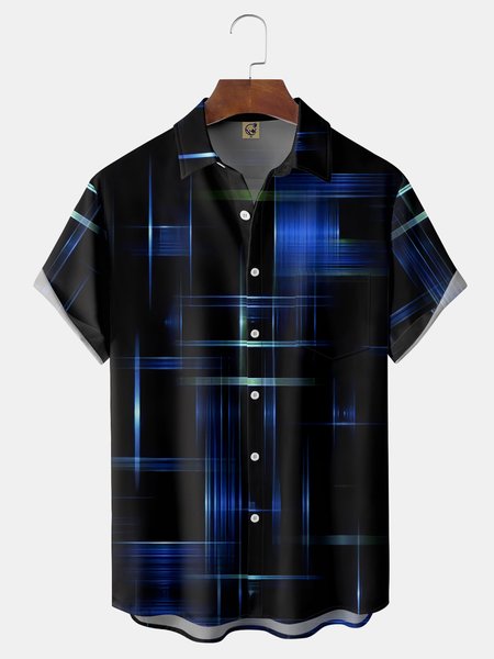 

Geometric Lines Chest Pocket Short Sleeve Shirt, Black, Men Shirts
