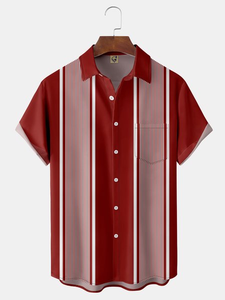 

Geometric Stripe Chest Pocket Short Sleeve Shirt, Red, Men Shirts