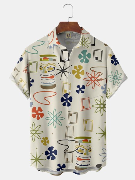 

Art Print Chest Pocket Short Sleeve Shirt, Khaki, Men Shirts