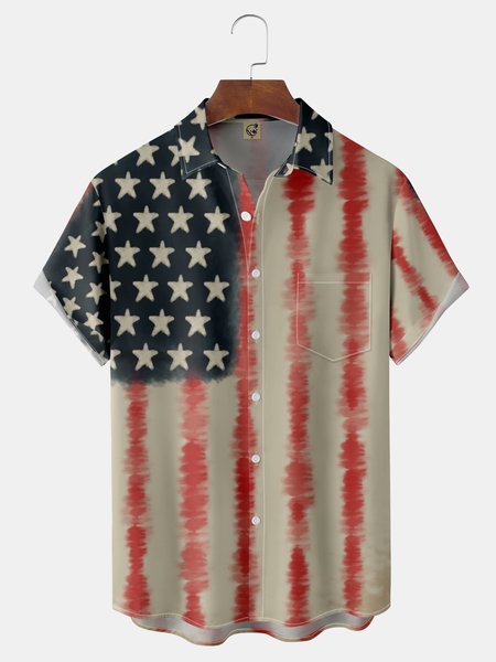 

American Flag Chest Pocket Short Sleeve Casual Shirt, Red, Men Shirts