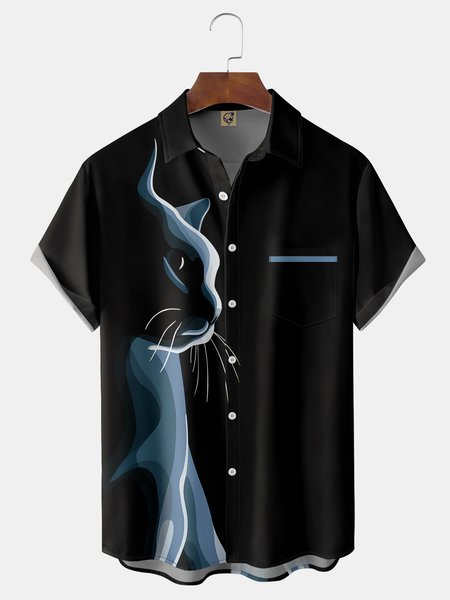 

Art Cat Chest Pocket Short Sleeve Casual Shirt, Black, Men Shirts