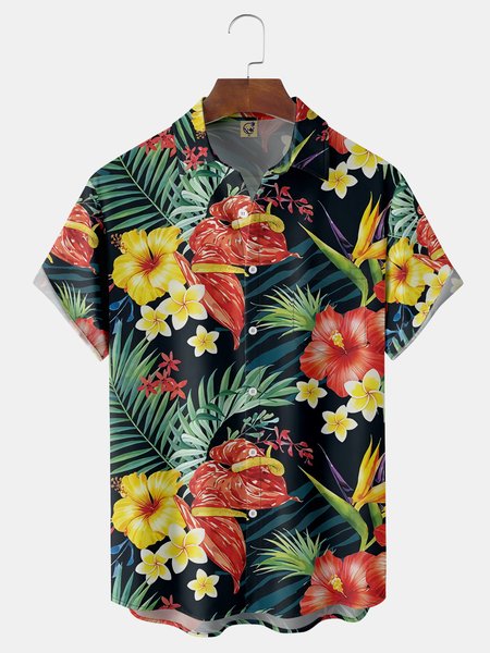 

Floral Chest Pocket Short Sleeve Shirt, Green, Men Shirts