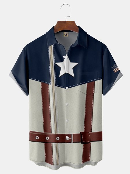 

American Flag Chest Pocket Short Sleeve Ugly Shirt, Red, Men Shirts