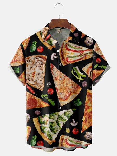 

Food Print Chest Pocket Short Sleeve Shirt, Black, Men Shirts