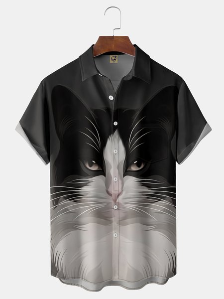 

Cats Painting Chest Pocket Short Sleeve Casual Shirt, Black, Men Shirts