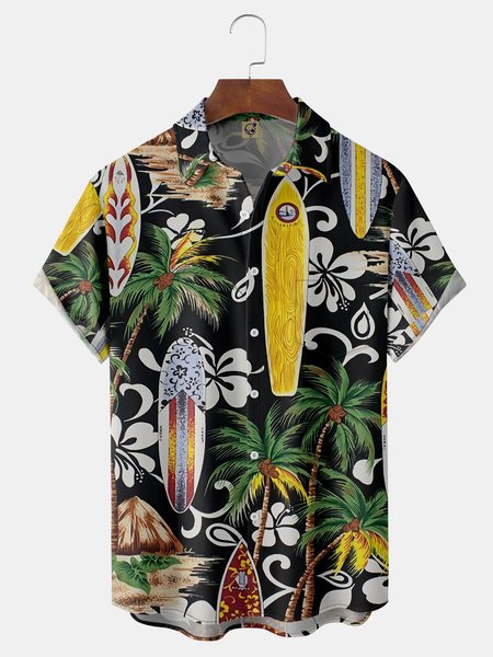 

Coconut Floral Chest Pocket Short Sleeve Hawaiian Shirt, Black, Men Shirts