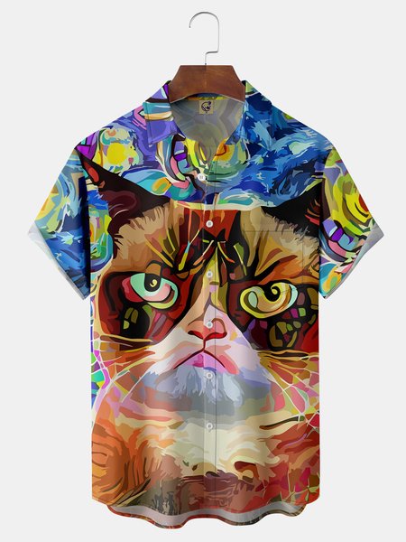 

Cat Oil Painting Chest Pocket Short Sleeve Casual Shirt, Blue, Men Shirts