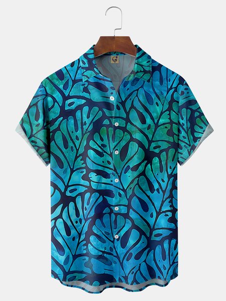 

Tropical Monstera Chest Pocket Short Sleeve Hawaiian Shirt, Blue, Men Shirts