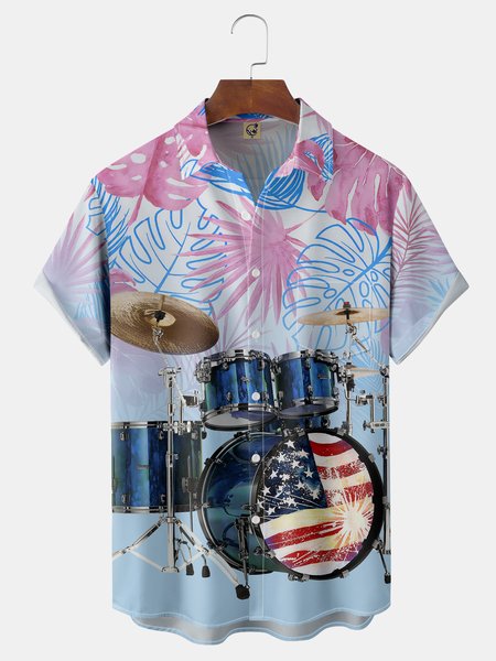 Hawaiian Music Chest Pocket Short Sleeve Shirt, Blue, Men Shirts