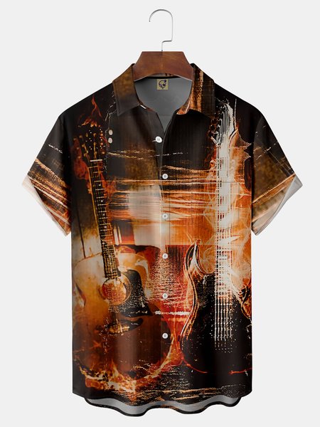 

Guitars Chest Pocket Short Sleeve Casual Shirt, Brown, Men Shirts