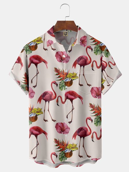 

Animals Chest Pocket Short Sleeve Hawaiian Shirt, Pink, Men Shirts