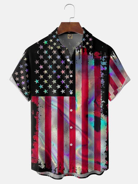 

American Flag Chest Pocket Short Sleeve Casual Shirt, Black, Men Shirts