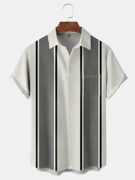 

Geometric Stripe Chest Pocket Short Sleeve Shirt, White, Men Shirts
