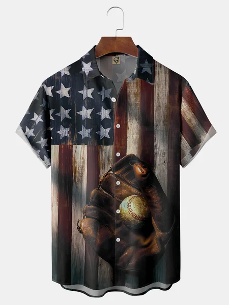 

Baseball Glove Chest Pocket Short Sleeve Casual Shirt, Red, Men Shirts