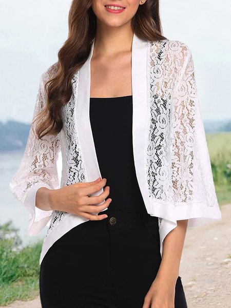 

3/4 Sleeve Lace Cardigan Sheer Jacket Crochet Blouse, White, Cardigans