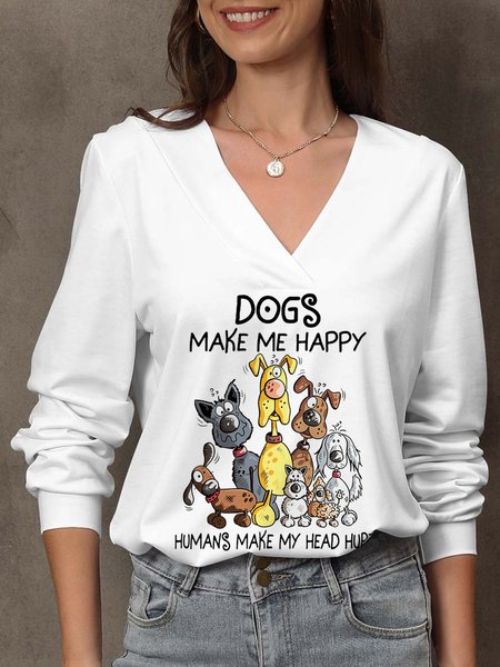 

Dogs Make Me Happy Slogan Print V-Neck Top, White, T-Shirts