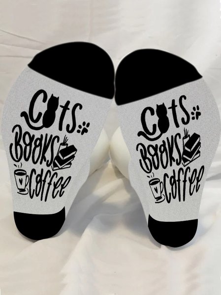 

Cat Book Coffee Casual Fun Monogram Cotton Socks Daily Commuter Home Accessories, White, Socks