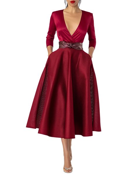 

Regular Fit Elegant V Neck Plain Dress, Red, Midi Dresses