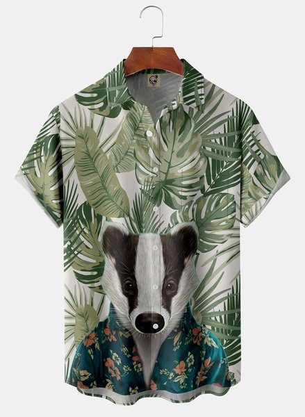 

Striped Skunk Chest Pocket Short Sleeve Aloha Shirt, Green, Men Shirts