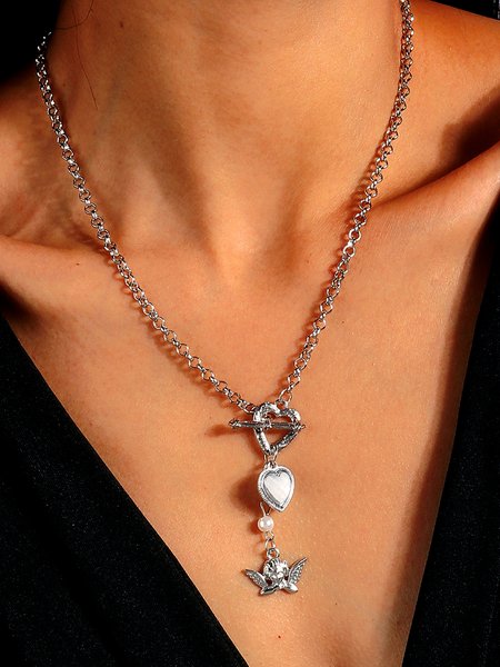 

Casual Vintage Silver Heart Chain Necklace Ethnic Vintage Angel Pattern Jewelry, Necklaces