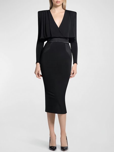 

Elegant Tight Long sleeve Midi Medium Elasticity Regular Size Dress, Black, Midi Dresses