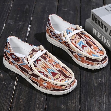 

Geometric Graphic-Print Denim Lace-Up Canvas Flats, Orange, Sneakers