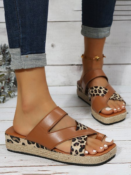 Leopard Print Cross Stripes Straw Platform Sandals, Brown, Sandals
