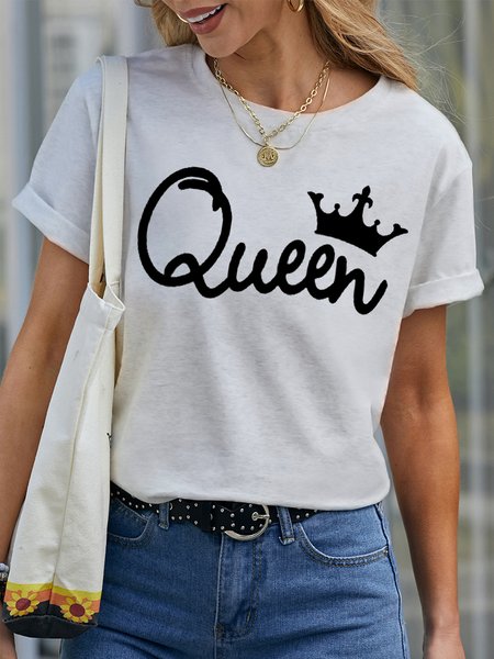 

Women's Queen Crown Funny Graphic Print Valentine's Day Gift Couple Text Letters Casual Loose Cotton T-Shirt, White, T-shirts