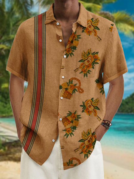 

Hawaiian Guitar Print Chest Pocket Short Sleeve Shirt, Khaki, Men Shirts