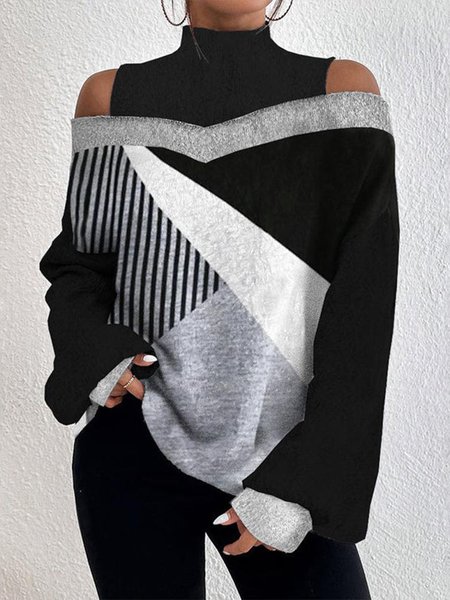 

Geometric Color Block Print Cold Shoulder Lantern Sleeve Top, Black-grey, Clothing