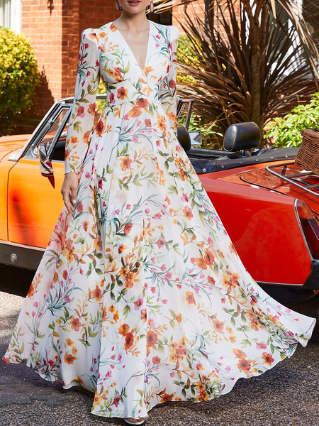 

Regular Fit Elegant V neck Long sleeve Long Dress, White, Maxi Dresses