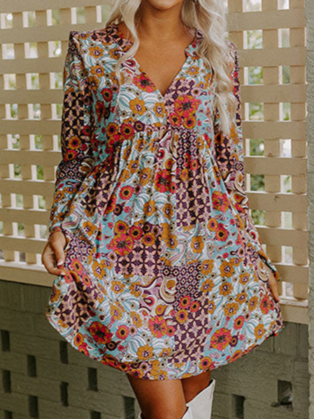 

Floral V Neck Casual Regular Fit Dress, Multicolor, Dresses