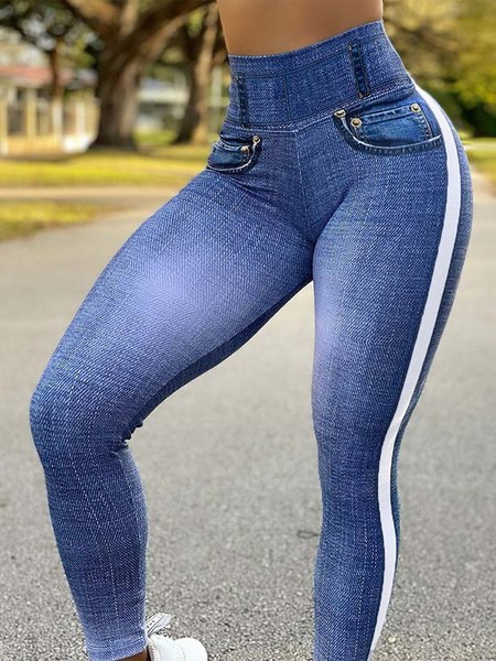 

Denim Look Print High Waist Tummy Control Butt Lift Leggings, Blue, Leggings
