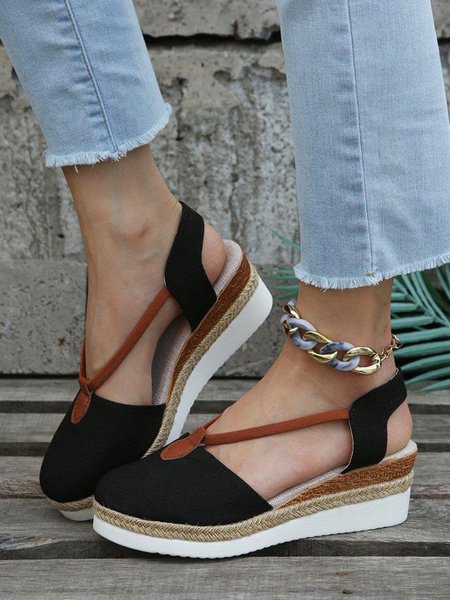 

Color Block Linen Espadrilles Wedge Sandals, Black, Sandals