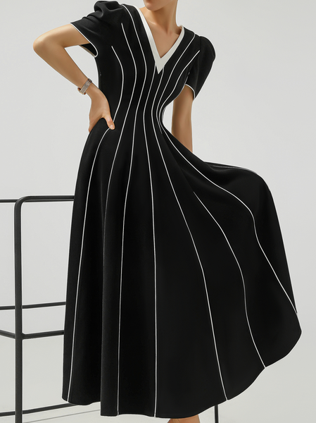 

Plain Puff Sleeve Elegant V Neck Dress, Black, Midi Dresses