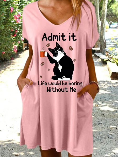 Women's Funny Word Cat Lover Loose Casual Animal Dress, Pink, Dresses