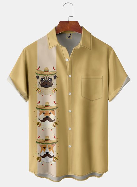 

Mexican Puppies Chest Pocket Short Sleeve Bowling Shirt, Yellow, Men Shirts