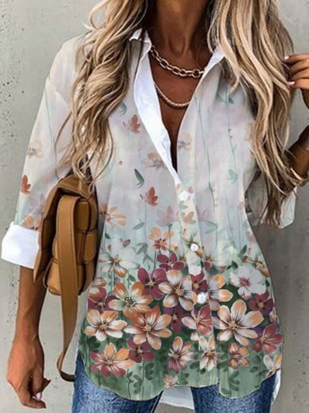 

Floral Shawl Collar Loose Casual Blouse, Multicolor, Shirts & Blouses