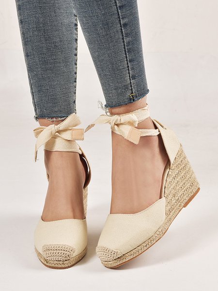 

Beach Vacation Strappy Ankle Straw Wedge Sandals, Off white, Sandals