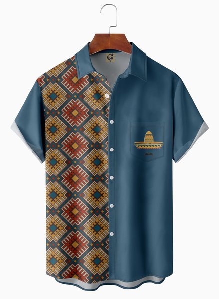

Sombrero Hat Chest Pocket Short Sleeve Casual Shirt, Blue, Men Shirts