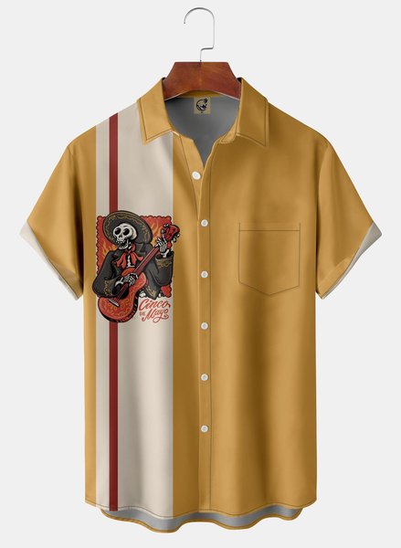 

Mexican Skull Guitar Chest Pocket Short Sleeve Bowling Shirt, Yellow, Men Shirts