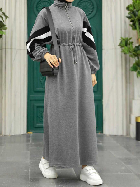 

Knitted Crew Neck Plain Elegant Dress, Gray, Maxi Dresses