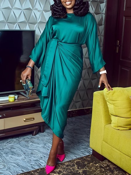 

Crew Neck Plain Regular Fit Elegant Dress, As picture, Midi Dresses