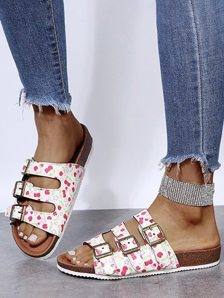 

Leopard Print Snake Print Cherry Three Row Buckle Beach Slippers, As picture, Sandals