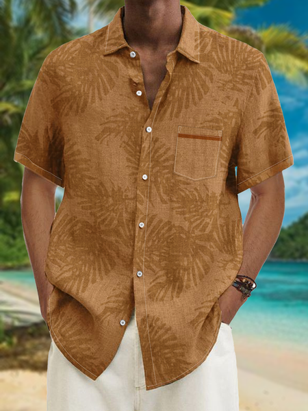 

Hawaiian Print Chest Pocket Short Sleeve Shirt, Khaki, Men Shirts